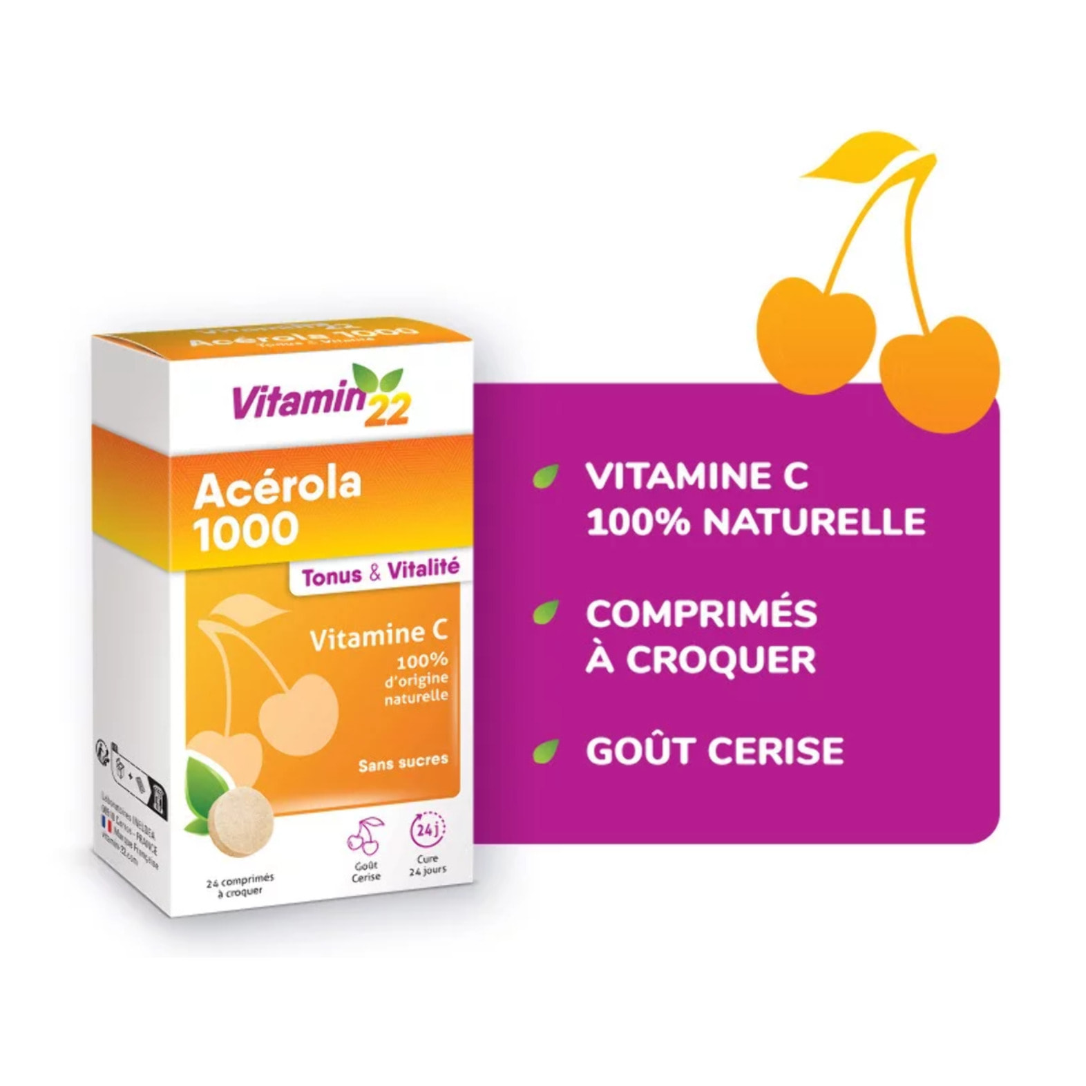 VITAMIN'22 - Acerola 1000 - Complément alimentaire à base d'Acérola- Vitamine C 100% d'origine naturelle - Sans sucre - Sans gluten - Goût Cerise - Cure de 24 j - Lot de 2 produits