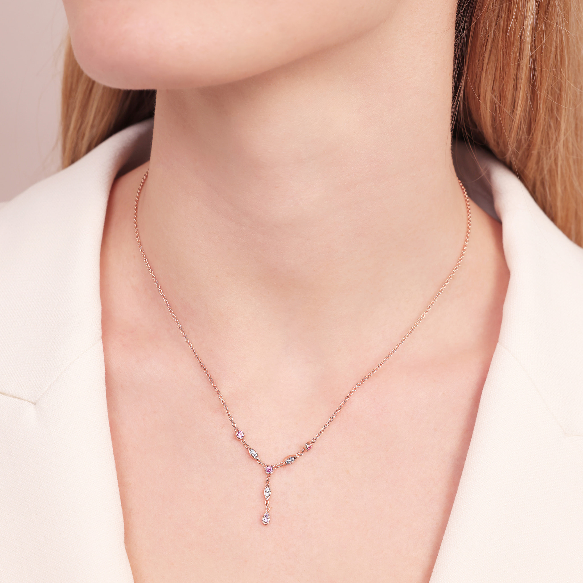 Collana a Cravatta con Elementi Tondi e a Marquise e Cubic Zirconia Colorate