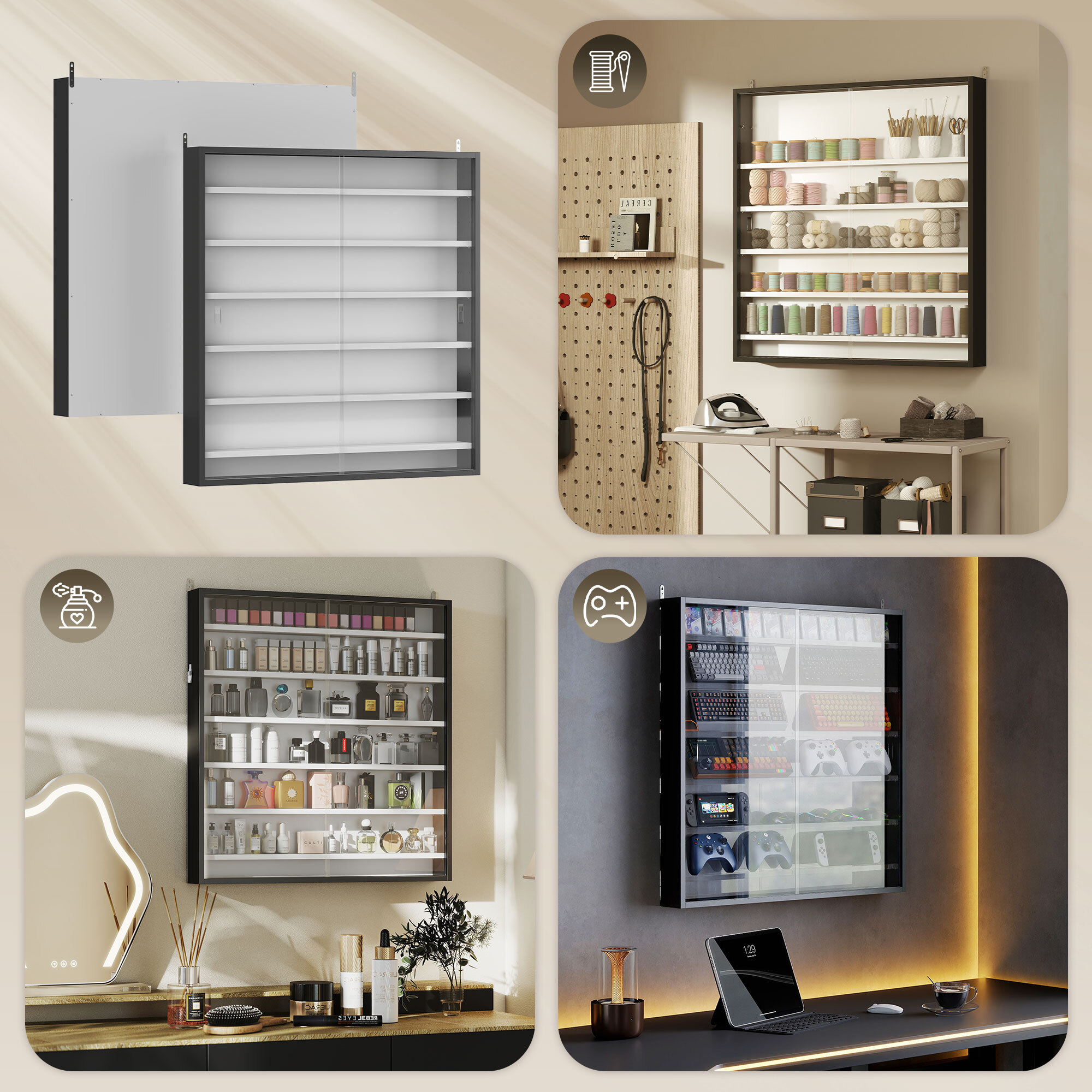 Vitrina Expositora para Colecciones de 7 Niveles, Vitrina de Pared, con Estantes Ajustables y 2 Puertas Correderas de Vidrio, para Perfumes, Figuras de Decoración, 80x9,5x83 cm, Negro