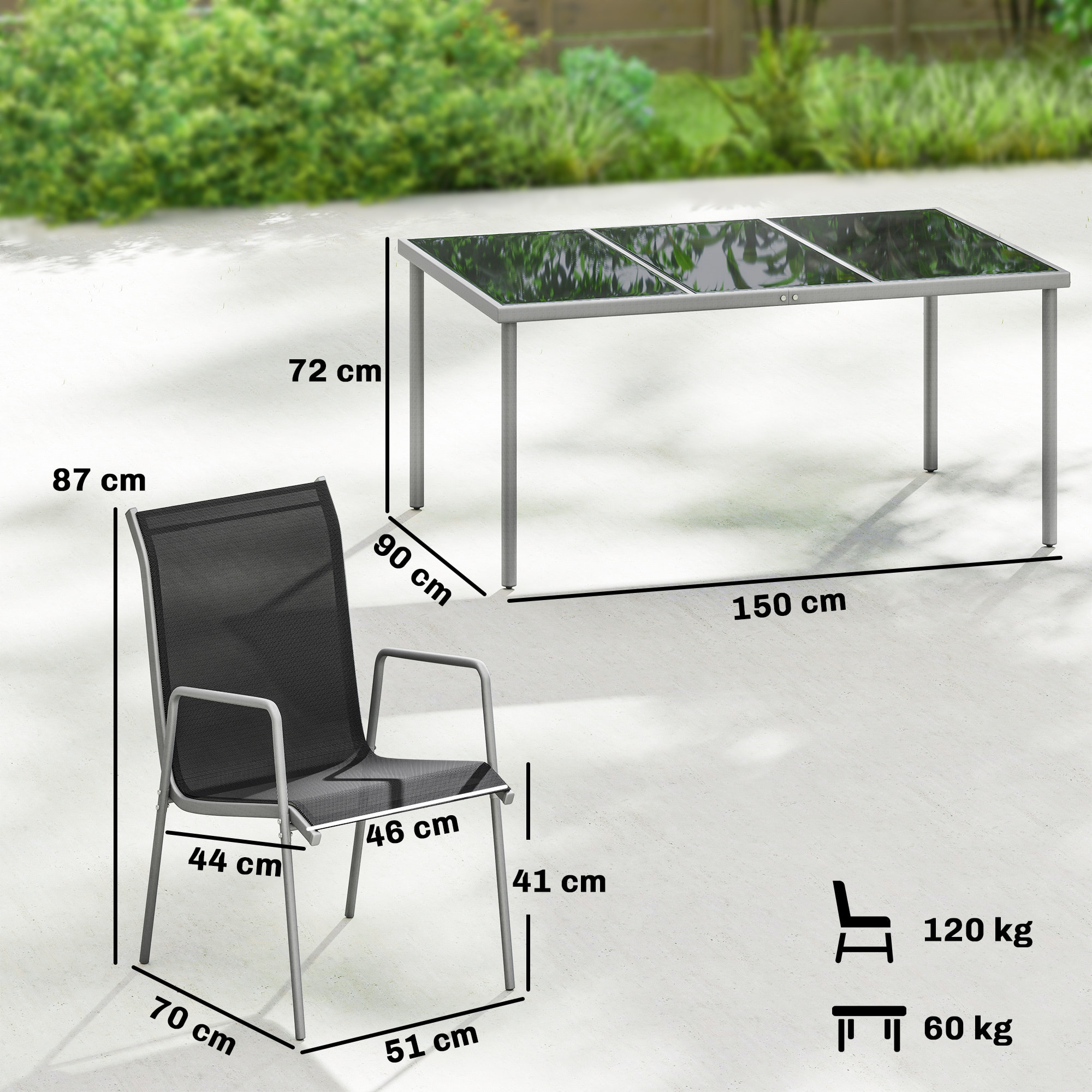 Conjunto de Mesa y Sillas Jardín de 7 Piezas, Muebles Jardín Exterior con Mesa de Vidrio Templado, 6 Sillas Apilables Transpirables, Marco de Metal Resistente a la Intemperie, Negro y Plata