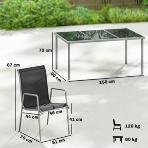 Conjunto de Mesa y Sillas Jardín de 7 Piezas, Muebles Jardín Exterior con Mesa de Vidrio Templado, 6 Sillas Apilables Transpirables, Marco de Metal Resistente a la Intemperie, Negro y Plata