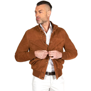 Giacca bomber in pelle camoscio cognac con bottoni e tasconi