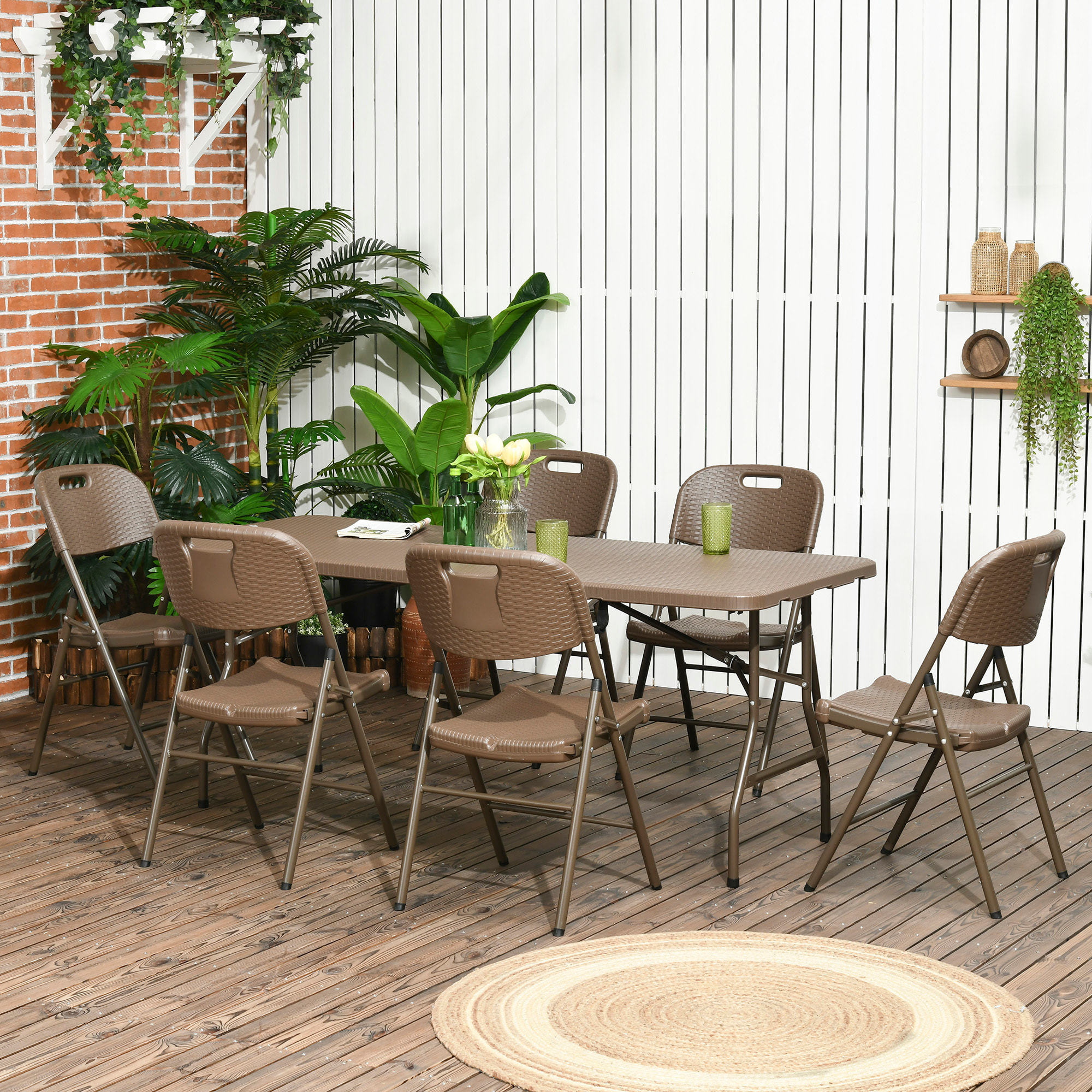 Conjunto de Mesa y 6 Sillas de Jardín Juego de Comedor de 7 Piezas Plegable Diseño de Imitación de Ratán con Marco de Acero para Playa Terraza Patio Marrón