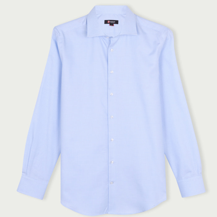 Camicia Uomo 1 Bottone Francese Slim Cotone Quadro Piccolo Celeste/Bianco