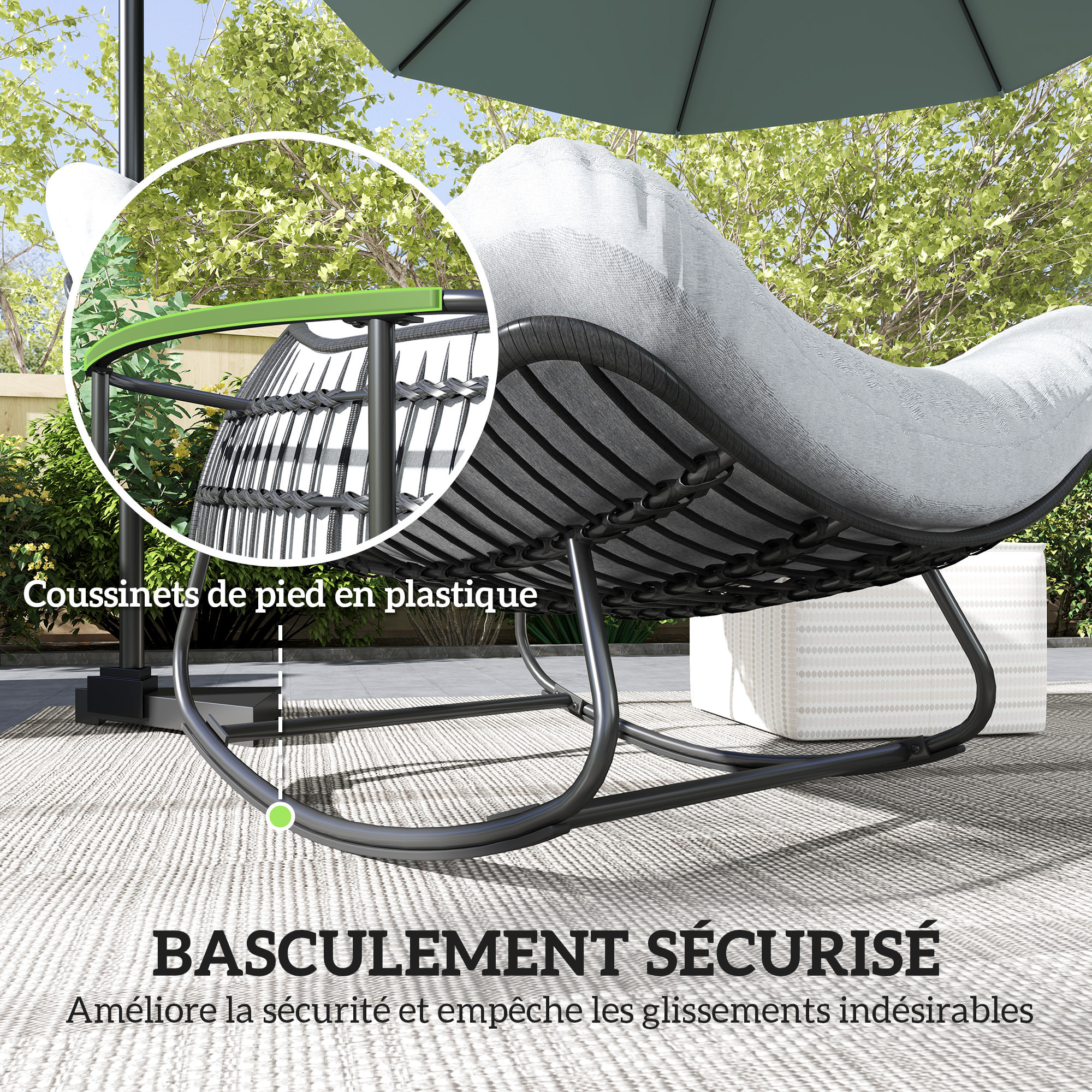 Fauteuil de jardin à bascule - fauteuil à oreilles - chaise à bascule - épais coussin capitonné gris