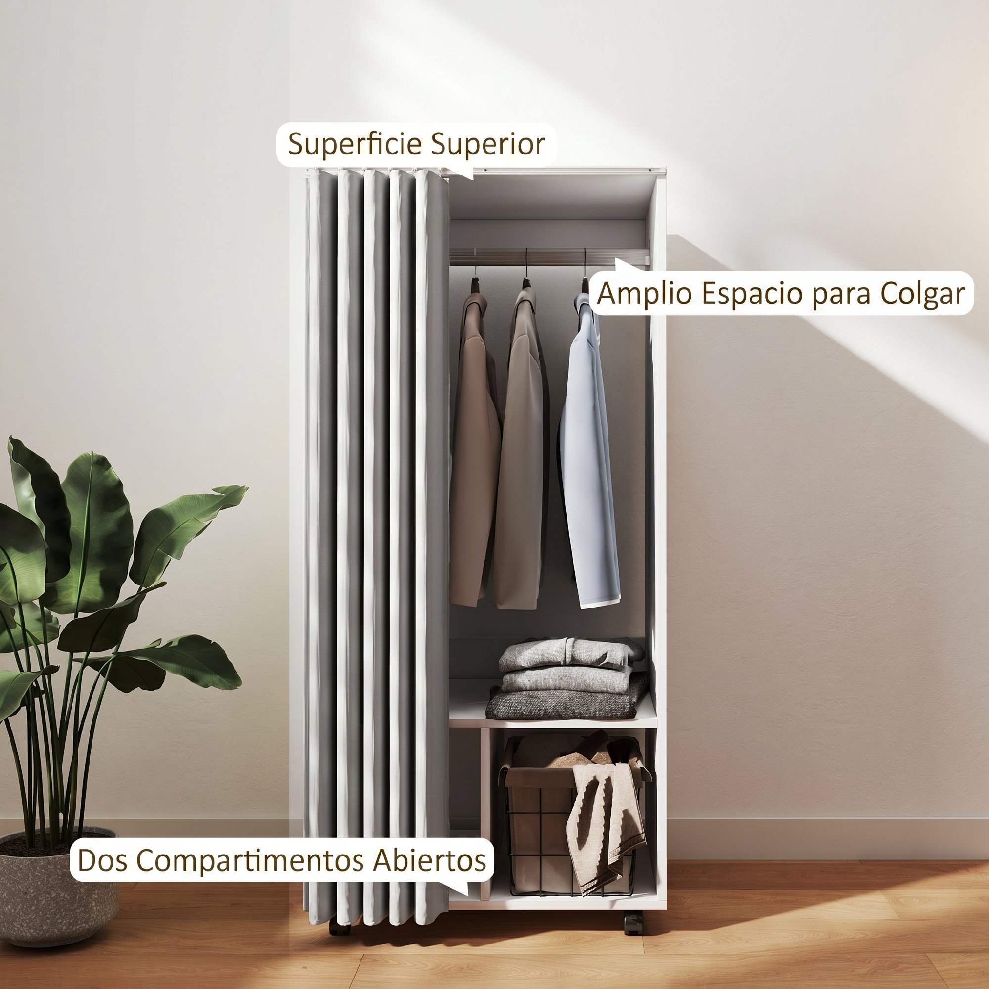 HOMCOM Armario Ropero con Ruedas, Armario para Ropa con Cortina, Barra para Colgar, 2 Compartimentos, Organizador de Ropa para Dormitorio, 60x40x128 cm, Blanco