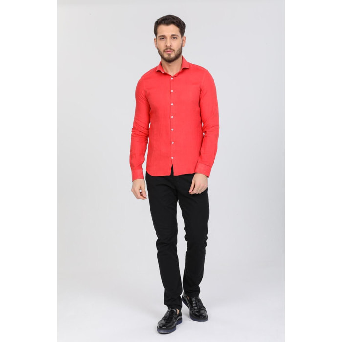 Camicia Uomo 1 Bottone Francese Slim Lino Unito Corallo