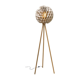 Lampadaire en lin taupe pied en teck h163cm BULAT