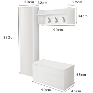 Mobile da ingresso Djohnse, Entratina moderna con appendiabiti, Mobile con scarpiera, Armadietto con specchio, Cm 50x32h182, Bianco