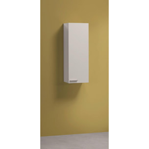 Colonna bagno Torrance, Mobile a colonna per bagno a 1 anta, Armadio pensile sospeso con 1 ripiano, cm 30x25h85, Bianco lucido