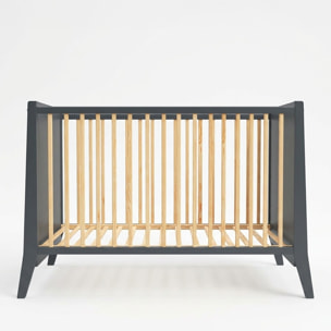 Lit Evolutif Timéo à barreaux 60 x 120 cm, Gris & Bois, En Bois, 3 Hauteurs, Tiroir intégré, Barreaux amovibles