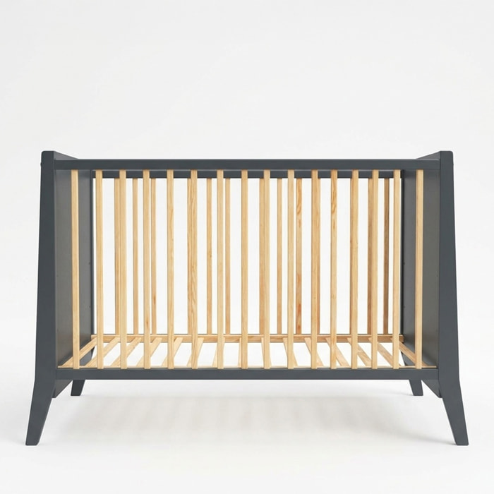 Lit Evolutif Timéo à barreaux 60 x 120 cm, Gris & Bois, En Bois, 3 Hauteurs, Tiroir intégré, Barreaux amovibles