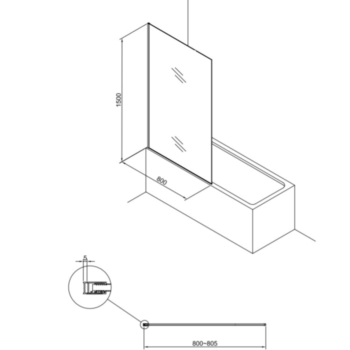 Pare-baignoire fixe en verre, 150x80cm, Chrome (SIKOVZPEV150)