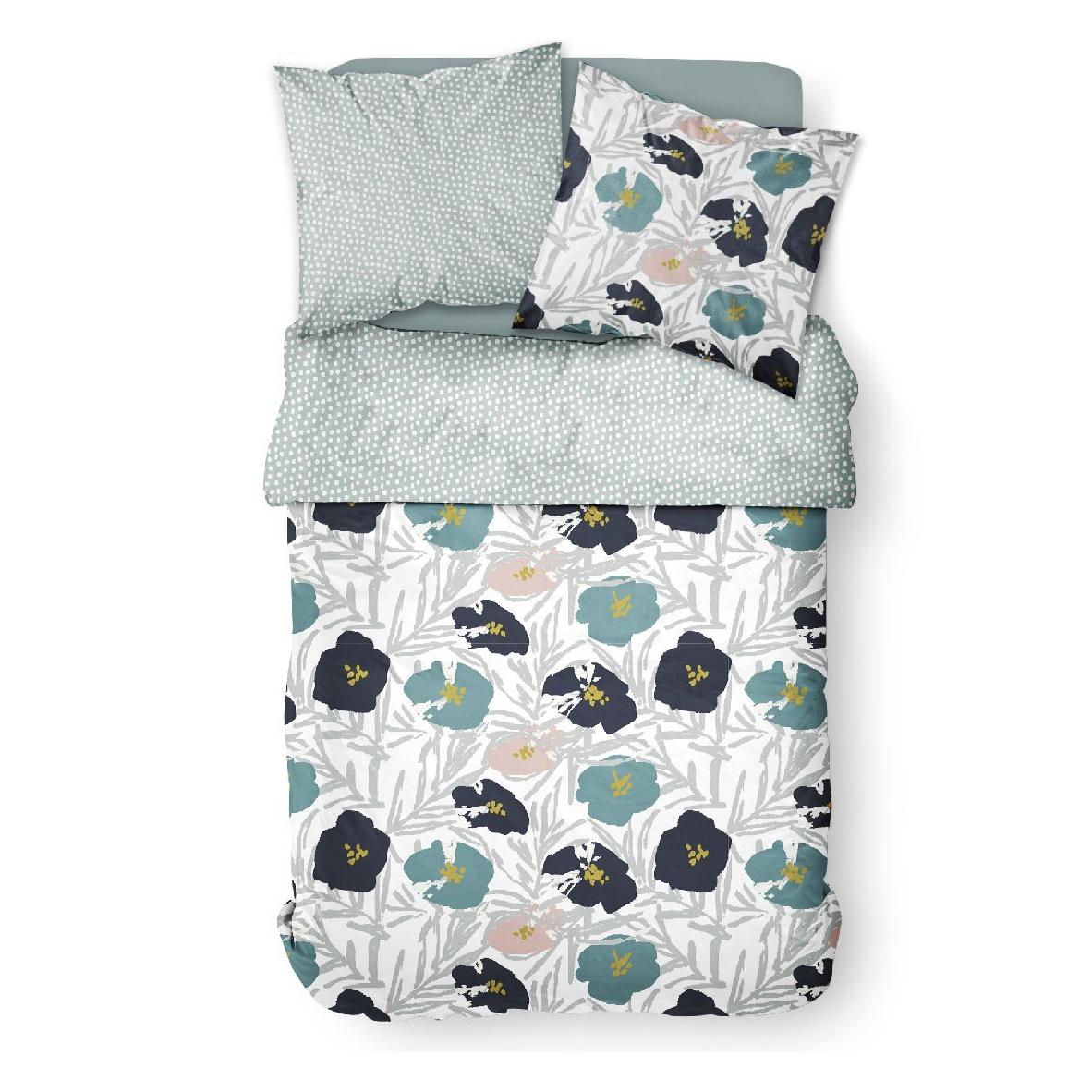 Parure de lit coton 2 personnes imprimé floral SUNSHINE bleu