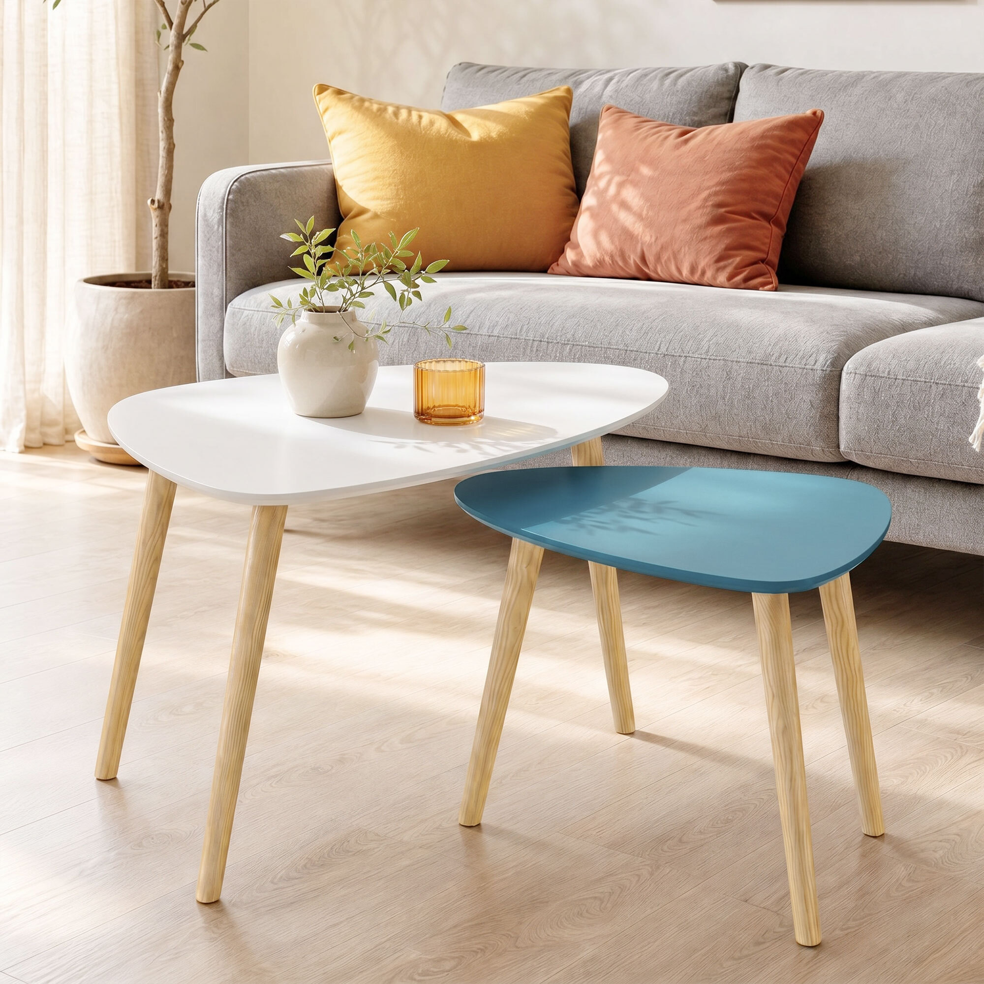 Lot de 2 tables basses gigognes design scandinave forme triangle de reuleaux bois MDF bleu blanc