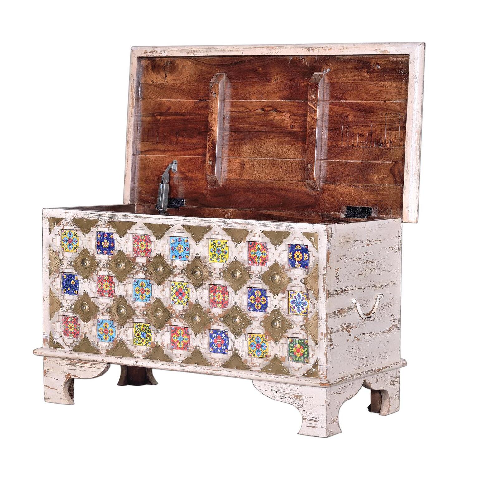 Baúl - madera de mango, cerámica y bronce - 80x40x46cm