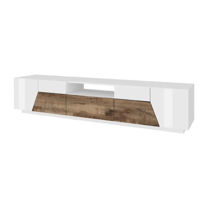 Mobile porta TV Animai, Credenza bassa da soggiorno, Base porta televisione, 100% Made in Italy, cm 220x43h46, Bianco lucido e Acero