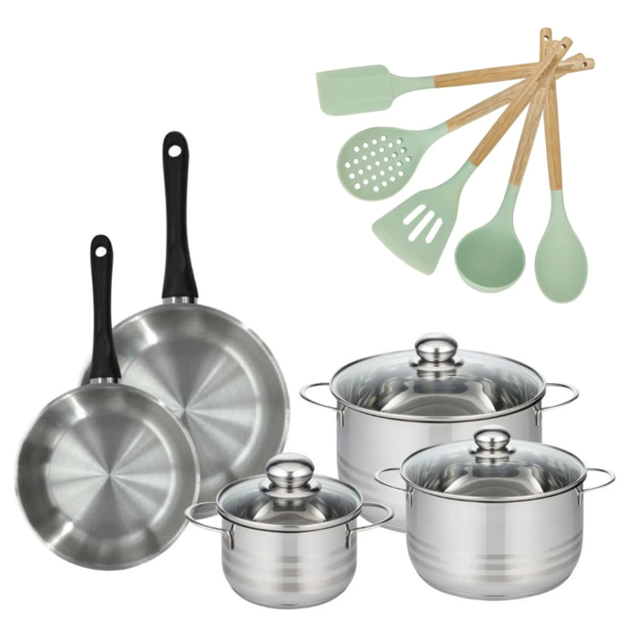 Lot de 2 Poêles et 3 Faitouts Fackelmann Généva avec 5 ustensiles Océan