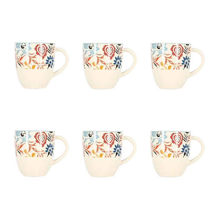 Lot de 6 mugs à motif floral coloré en grès 35cl JAIPUR