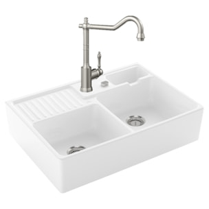 Evier Timbre d'office Tradition 2 bacs vidage auto + Robinet de cuisine Avia 2.0 Acier Massif