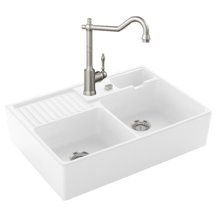 Evier Timbre d'office Tradition 2 bacs vidage auto + Robinet de cuisine Avia 2.0 Acier Massif
