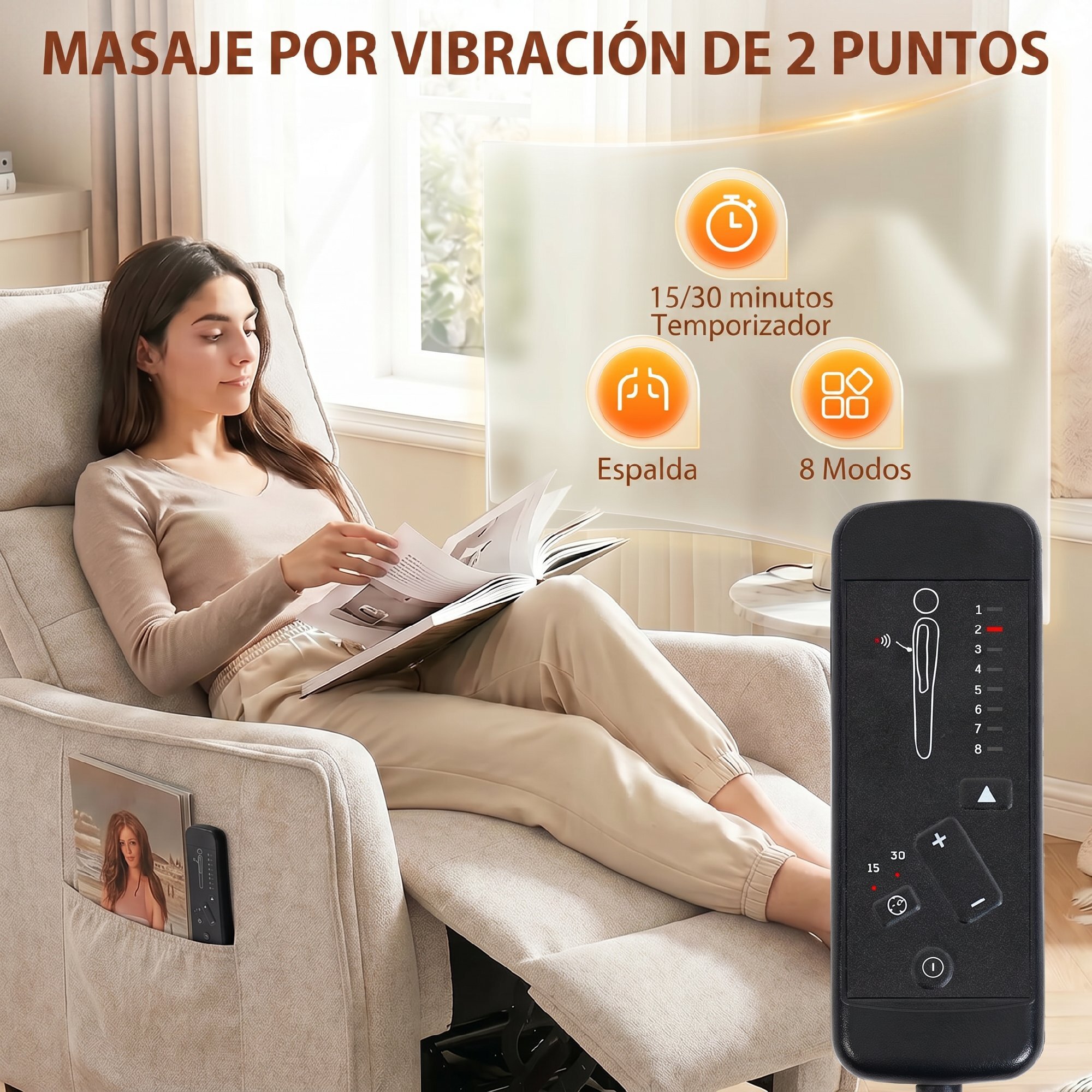 Sillón de Masaje, Sillón Relax Reclinable 160° con Mando a Distancia, Reposapiés, 2 Zonas de Masaje, Asiento de Muelles, Bolsillos, Tapizado en Lino Transpirable para Salón, 69x93x104 cm, Crema