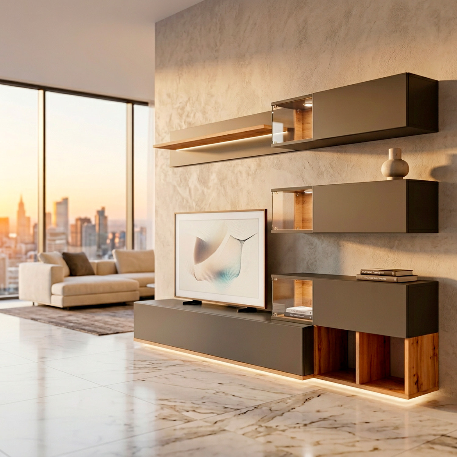 Parete Attrezzata Mobile TV Vetrine LED Pensili Mensola Soggiorno Contenitore Salvaspazio Design Moderno Multimedia 240 x 40 x 150 Cm Rovere Antracite