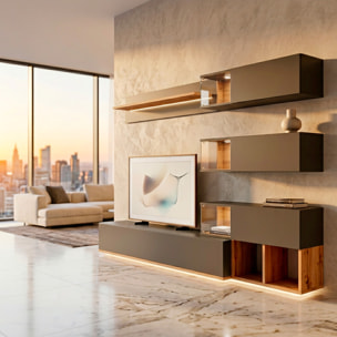 Parete Attrezzata Mobile TV Vetrine LED Pensili Mensola Soggiorno Contenitore Salvaspazio Design Moderno Multimedia 240 x 40 x 150 Cm Rovere Antracite