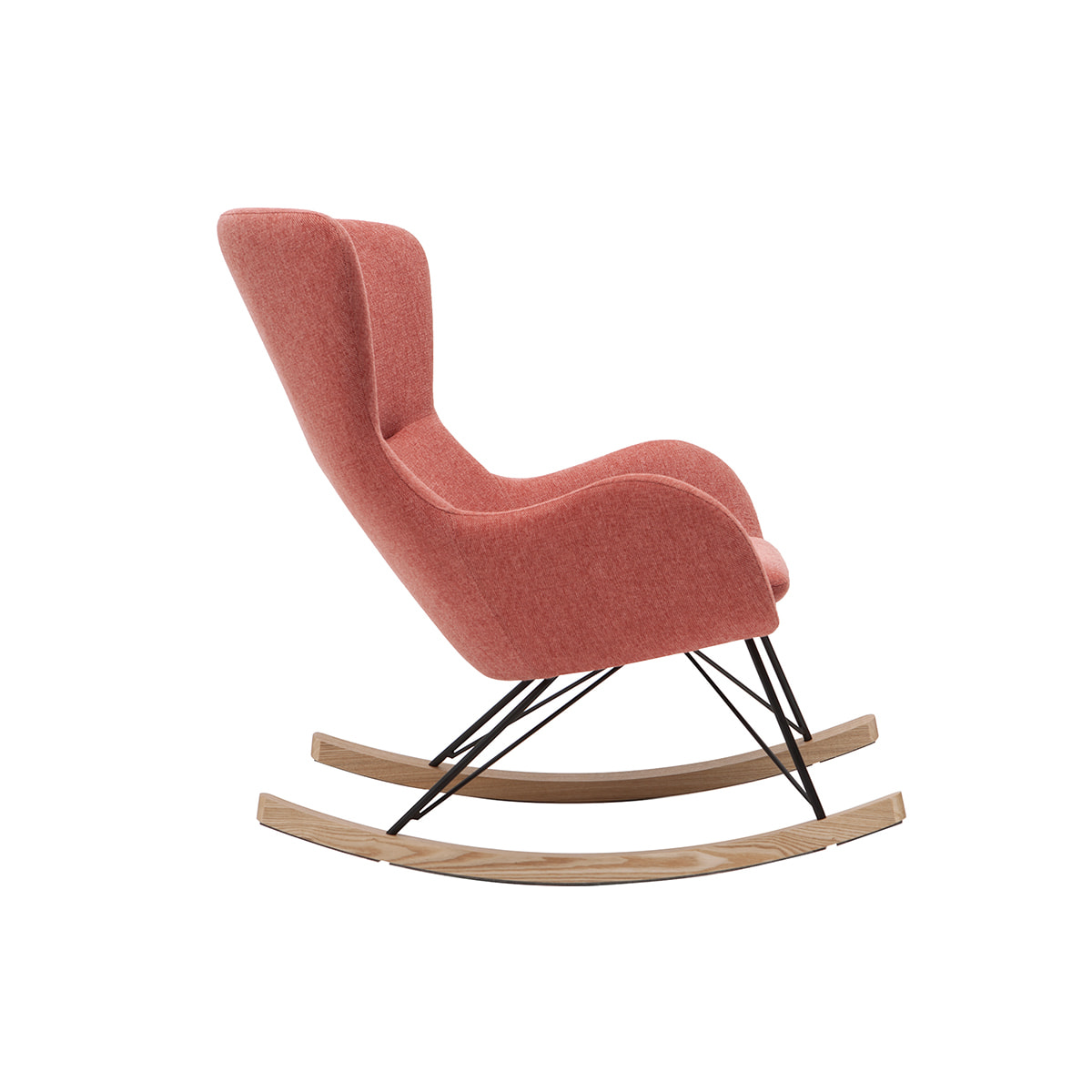 Rocking chair scandinave en tissu effet velours texturé terracotta, métal noir et bois clair ESKUA