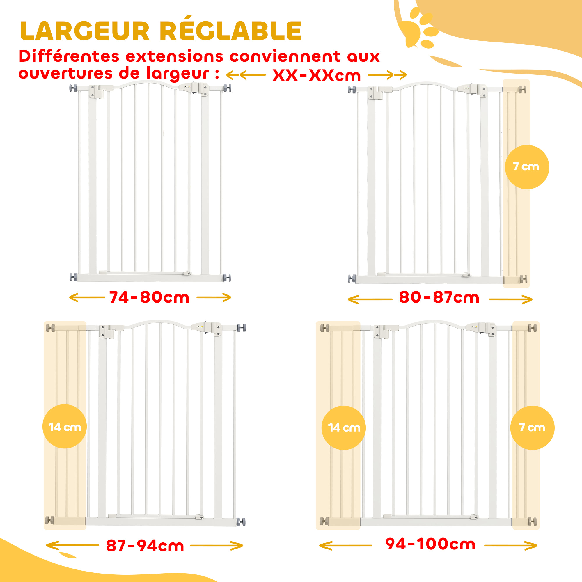 Barrière de sécurité pour chien extensible 74-100 cm, barrière d'escalier à fixation par pression sans percer, double verrouillage, fermeture automatique, hauteur 94 cm, blanc