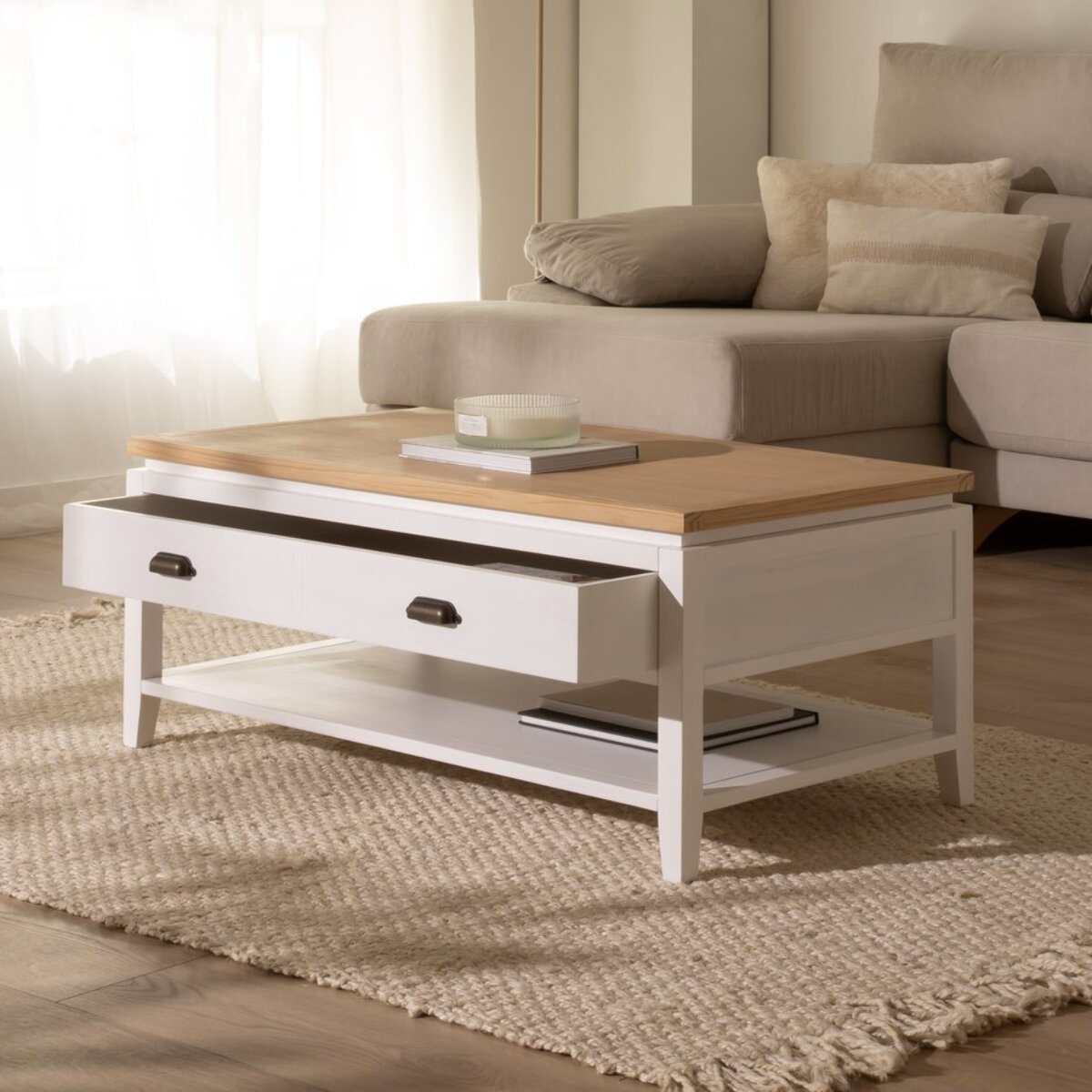 Table basse avec plateau relevable Avelin -bois massif de mindi et placage naturel de mindi-couleur blanc bergen/naturel 110 x 45 x 60 cm
