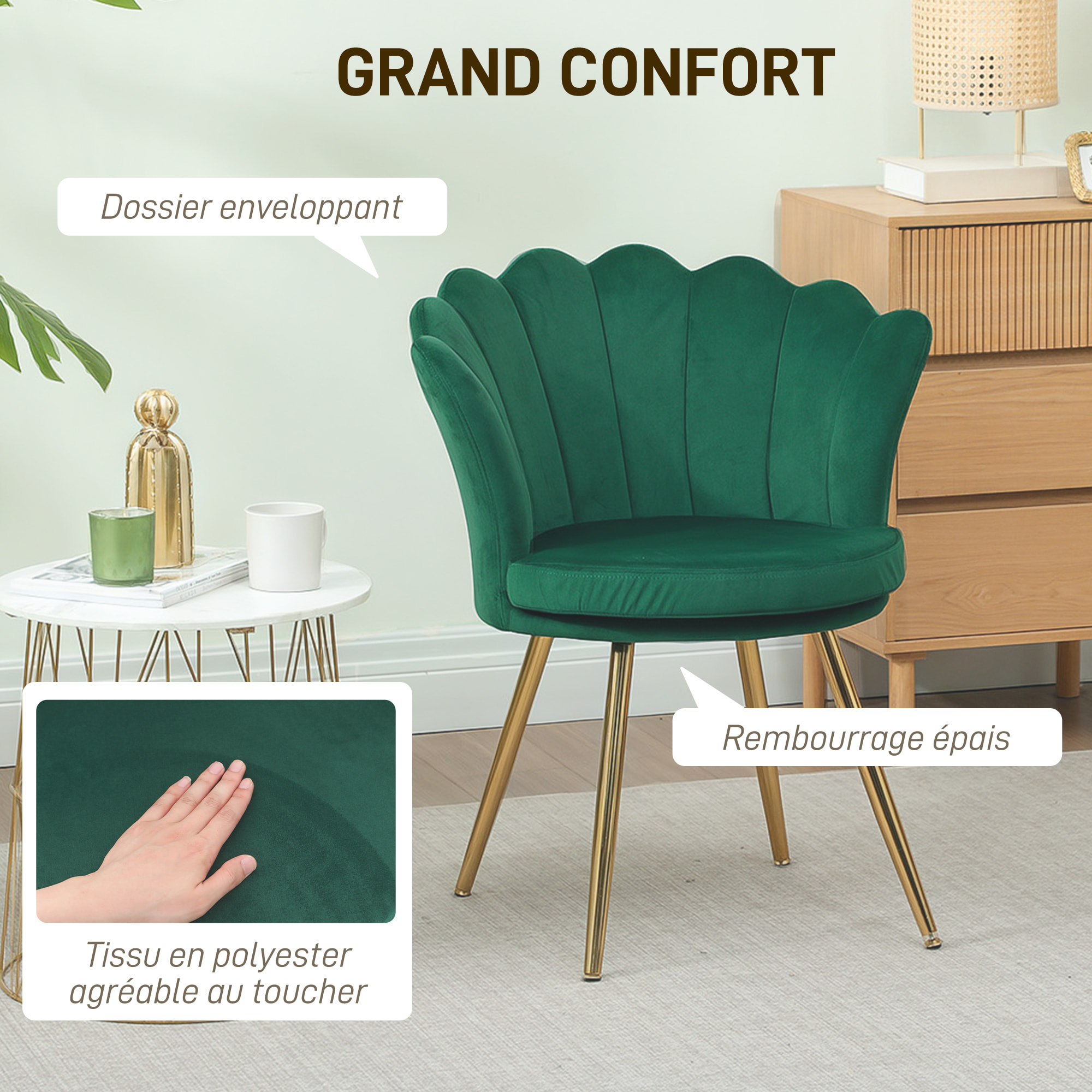 Chaise coquillage chaise design pieds métal dorés effilés velours vert émeraude