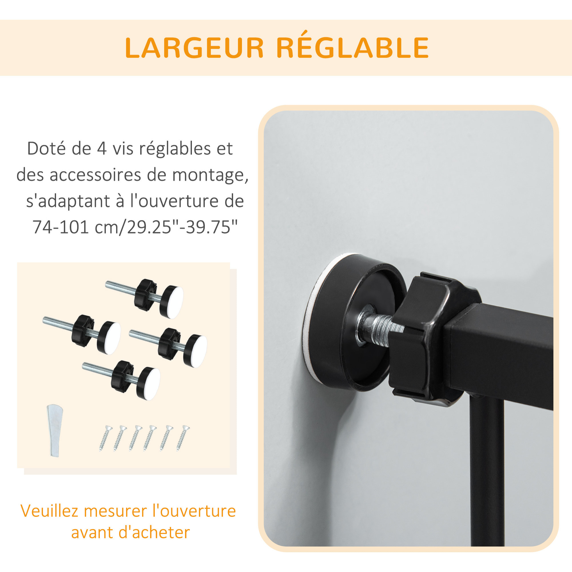 Barrière de sécurité chien H.104 cm - porte double verrouillage - sans perçage - acier noir