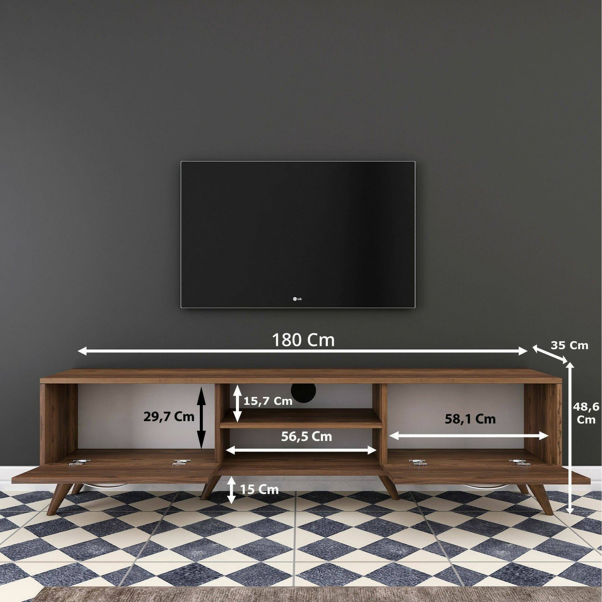 Mobile porta TV Avir, Credenza da soggiorno, Armadio basso per TV, Base parete attrezzata, 180x35h49 cm, Noce