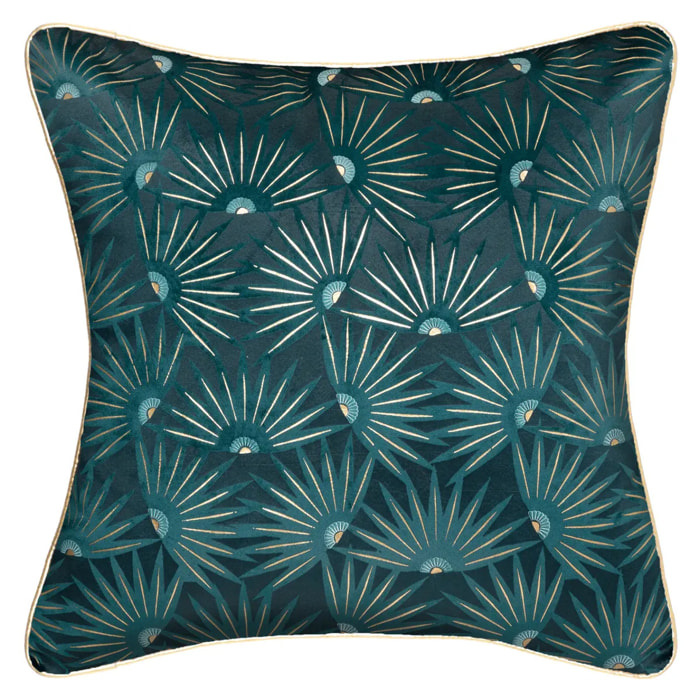 Housse de coussin imprimée "Feel" - velours - bleu canard et doré - 40x40 cm