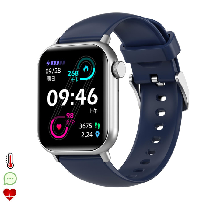 Smartwatch ZW27 con termómetro corporal y monitor de tensión. Modos deportivos, notificaciones de apps, sumergible.