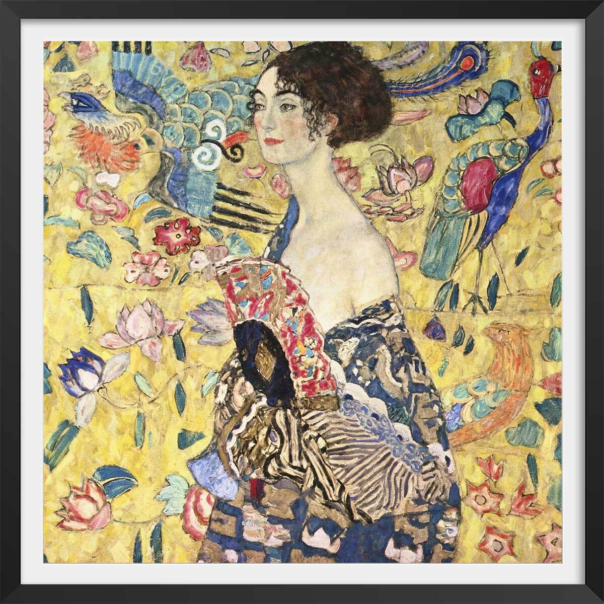 Poster La femme à l'éventail - Gustav Klimt Affiche + cadre en bois - Noir