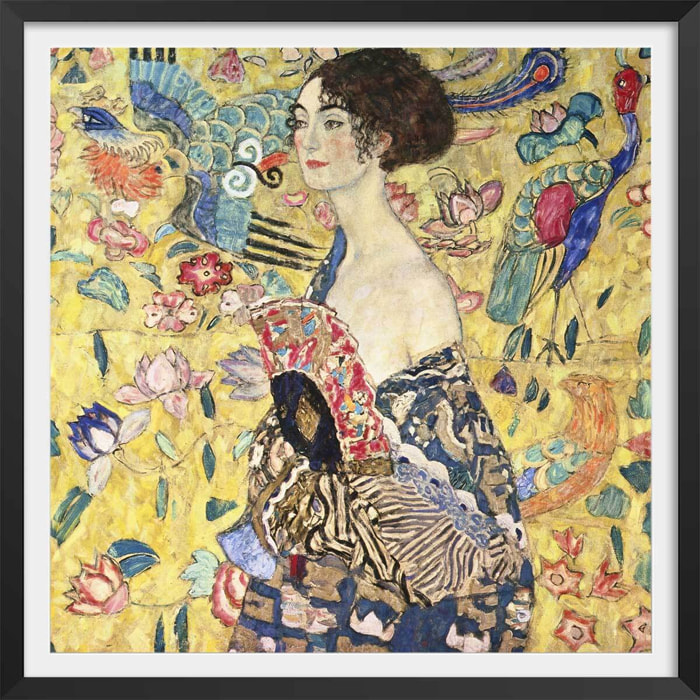 Poster La femme à l'éventail - Gustav Klimt Affiche + cadre en bois - Noir