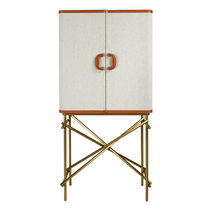 Aparador Angel Cerdá alto con estructura de madera chapada en nogal natural tapizada en tela gris claro y unas patas de acero inoxidable pulido en dorado 82x53x169cm