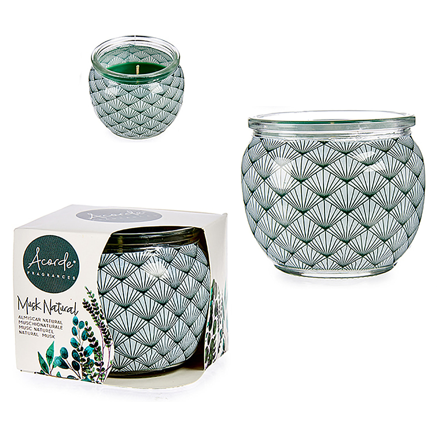 Candela profumata in barattolo di vetro profumo di muschio.