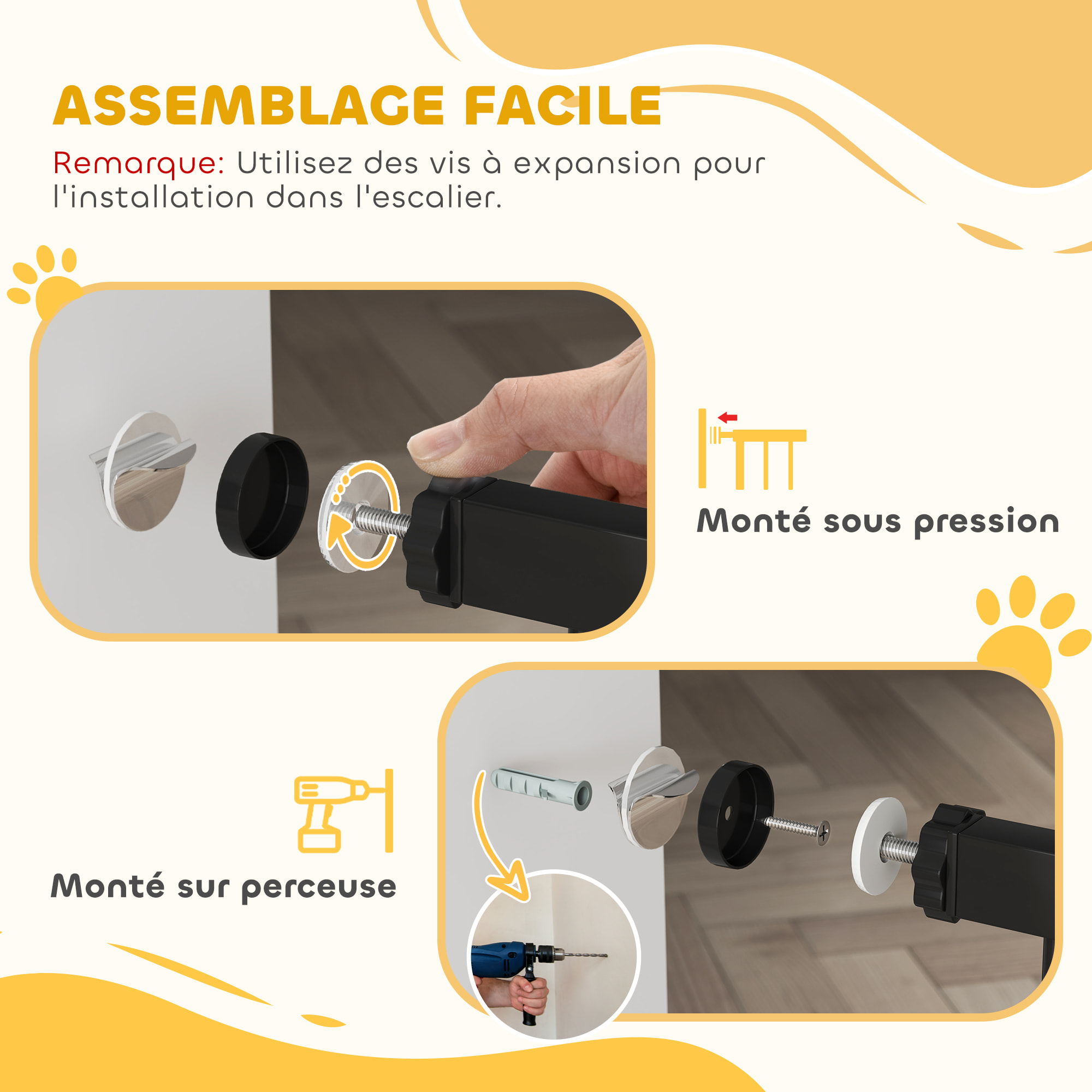 Barrière de sécurité chien réglable 75-95 cm - porte verrouillable - sans perçage - acier ABS noir