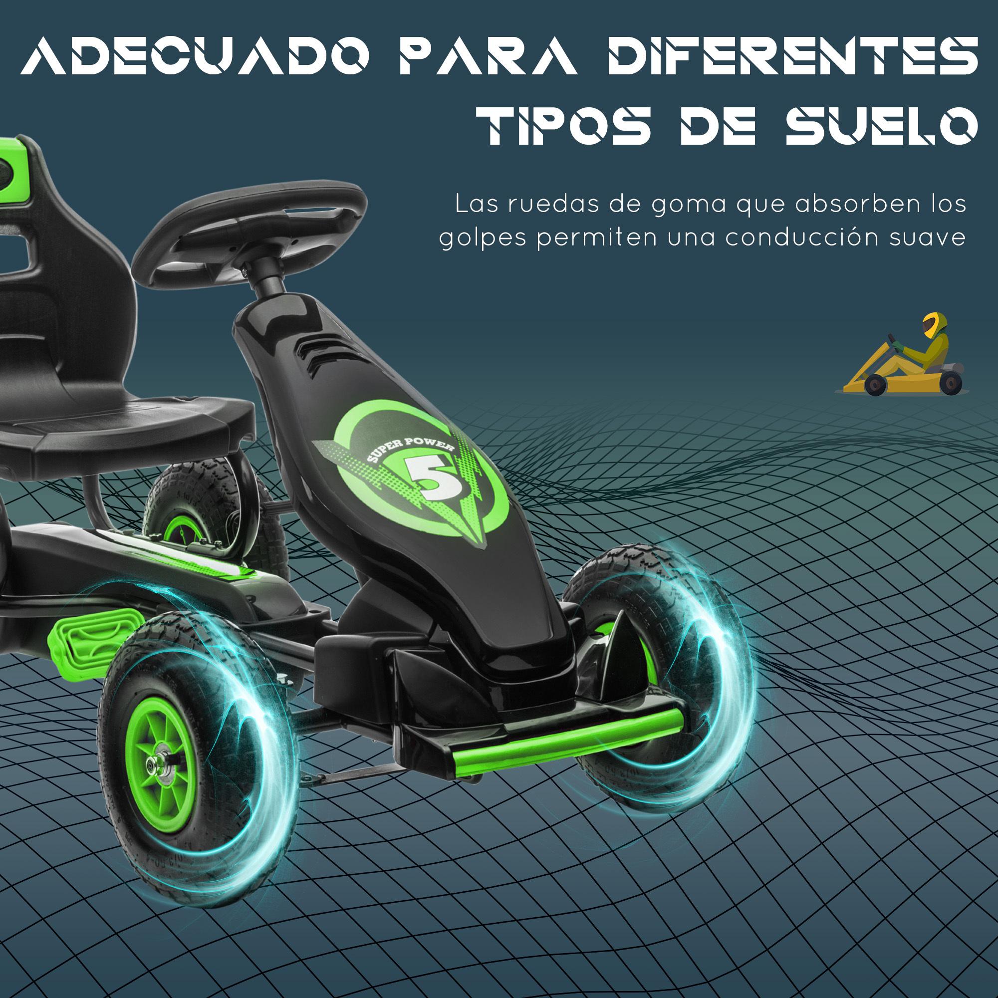 Kart Pedales Coche de Pedales para Niños de 5-12 Años con Asiento Ajustable Neumáticos Inflables Amortiguador y Freno de Mano Carga 50 kg Negro y Verde