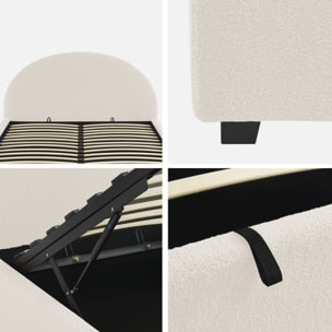 Lit coffre avec sommier à lattes et tête de lit. finition bouclette. blanc. L 206 x P 153.5 x H 102cm