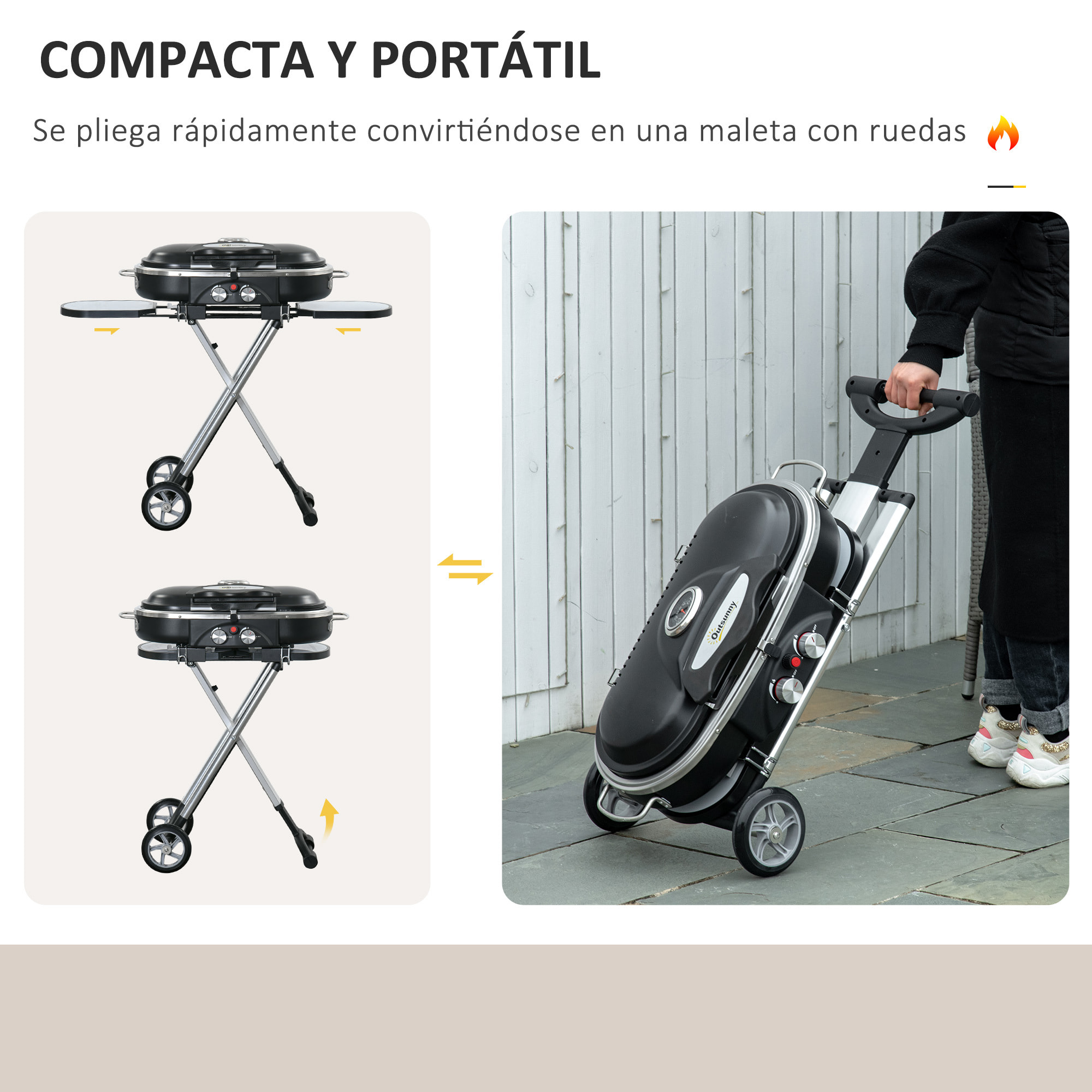 Barbacoa de Gas Plegable con 2 Quemadores 2,34 KW BBQ de Gas con 2 Ruedas 2 Parrillas Metálicas y 2 Mesas Laterales para Pícnic Camping 100x41,6x82,5 cm Negro