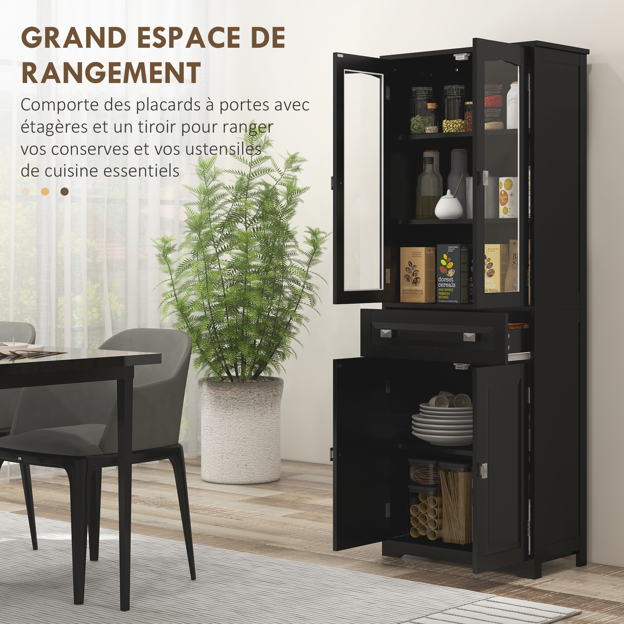 Armoire de cuisine buffet haut 4 portes 3 étagères tiroir verre trempé panneaux MDF noir