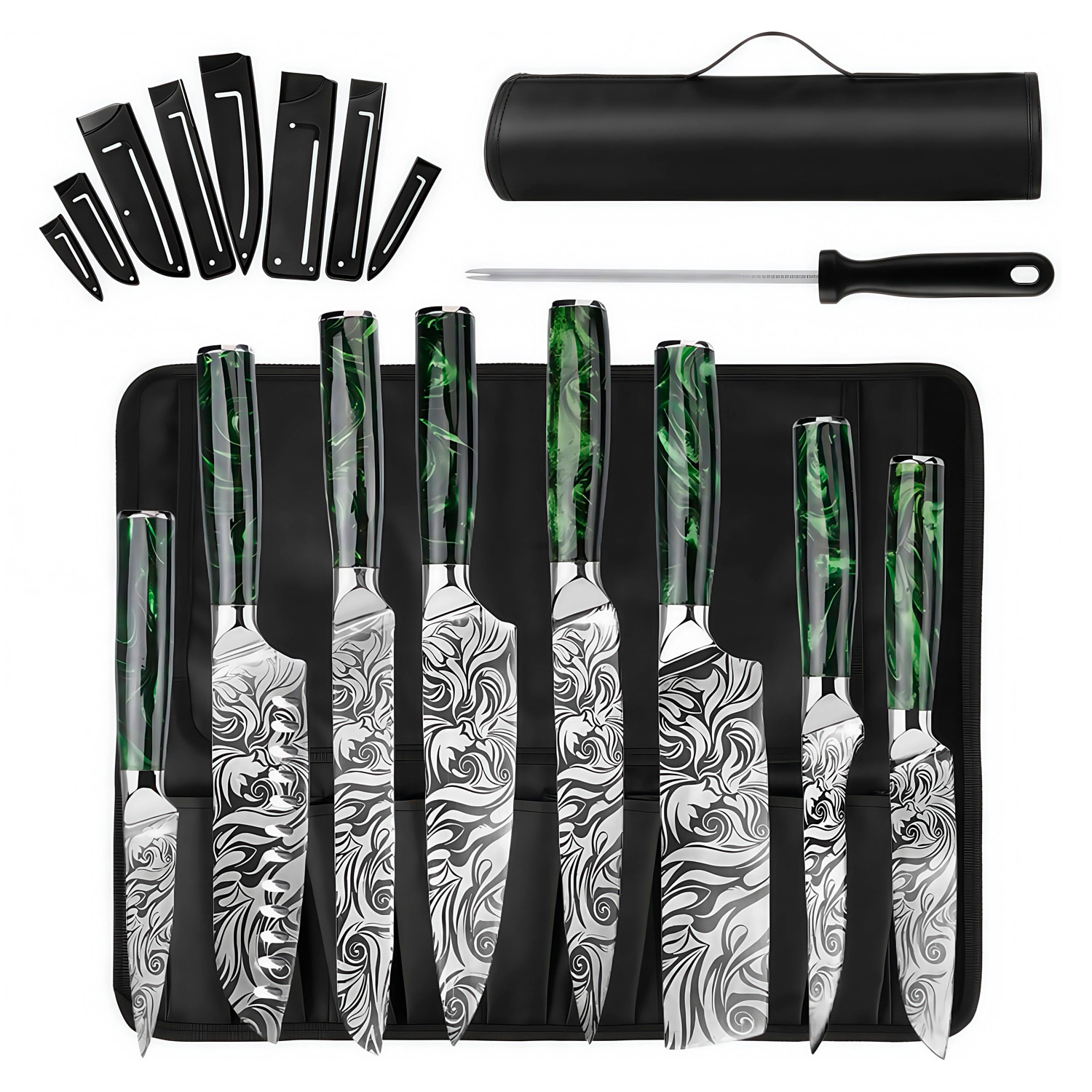 Set de cuchillos con estilo Damasco y mango de resina. Cuenta con 11 piezas y funda de transporte.