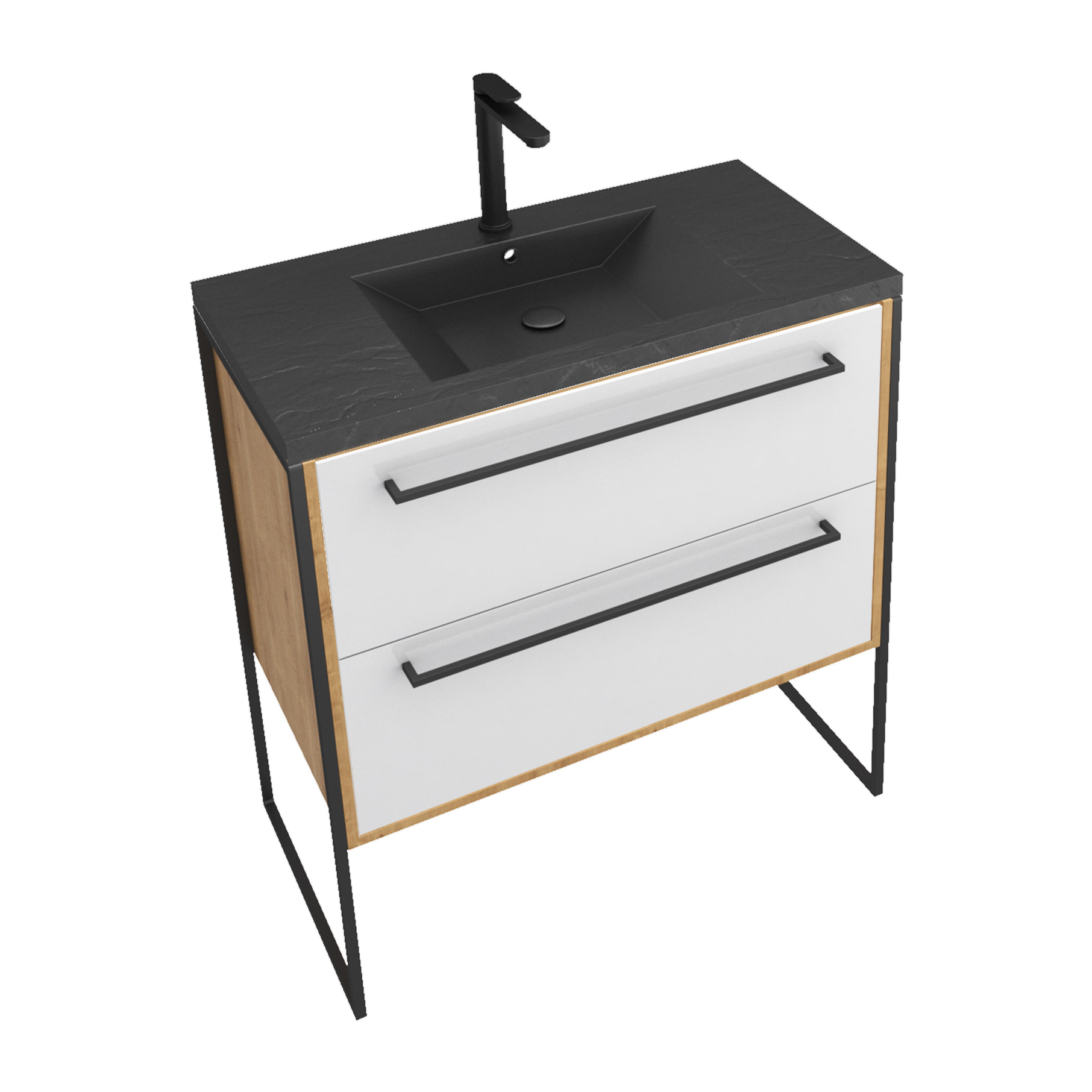 Meuble de salle de bain 80x50cm - vasque noir effet pierre 80x50cm - 2 tiroirs