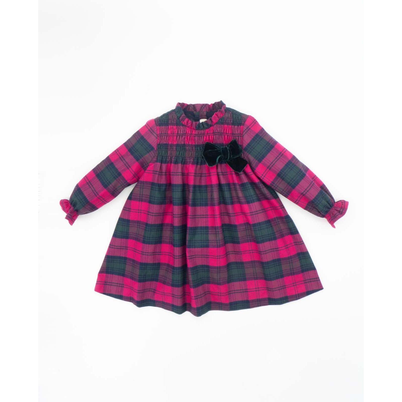 Vestido a cuadros fucsia con lazo en terciopelo verde