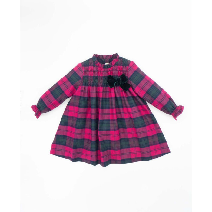 Vestido a cuadros fucsia con lazo en terciopelo verde
