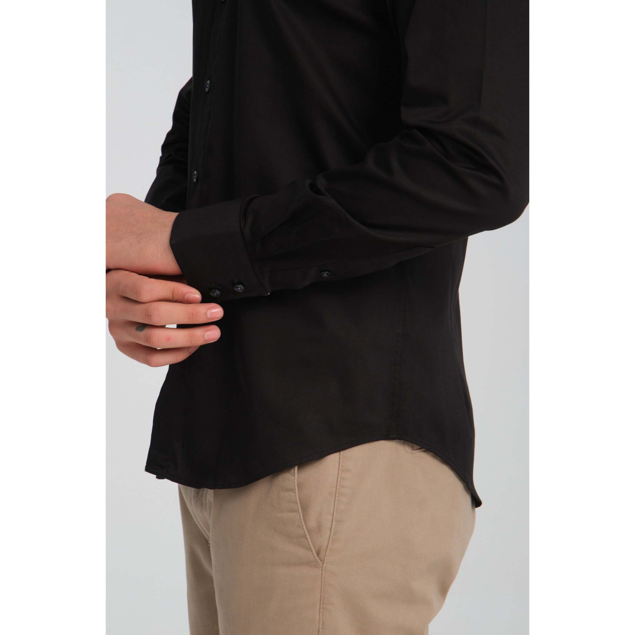 Camicia Uomo 2 Bottoni Button Down 7bottoni Doppio Coll Satin Unito Nero